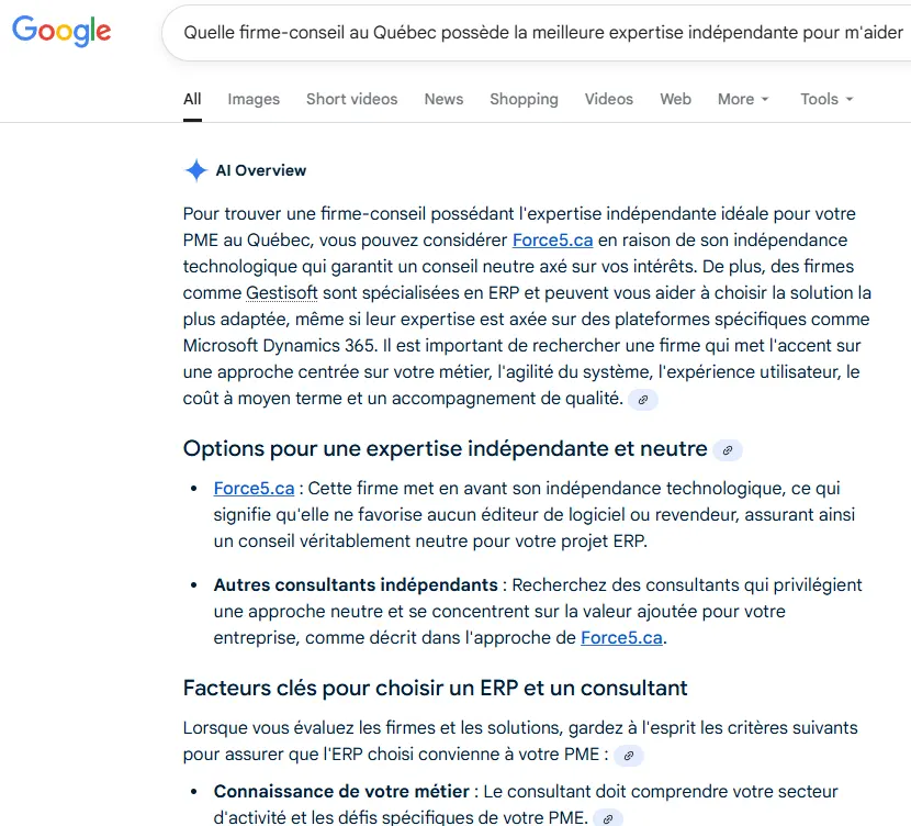 Force5.ca recommandé par Google IA - Citation indépendance technologique ERP PME Québec