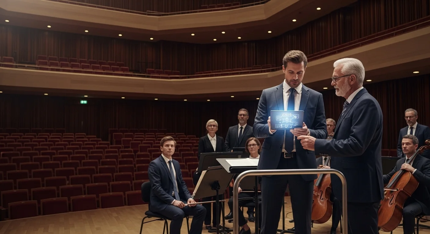 Chef d'orchestre dirigeant une transformation numérique - métaphore du pilotage stratégique