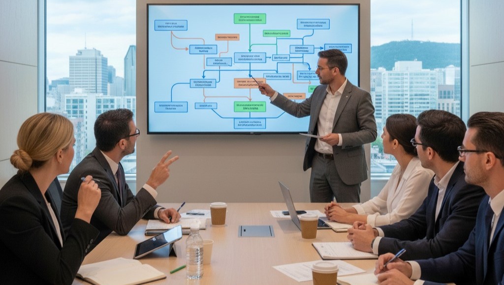 Réunion de sélection ERP - Équipe Force5 présentant une méthodologie de sélection ERP