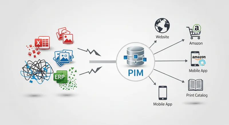 Diagramme illustrant le fonctionnement d'un système PIM : sources de données dispersées (ERP, Excel, images, données non structurées) centralisées dans un PIM qui distribue l'information harmonisée vers les canaux de vente (site web, Amazon, applications mobiles, catalogues imprimés)
