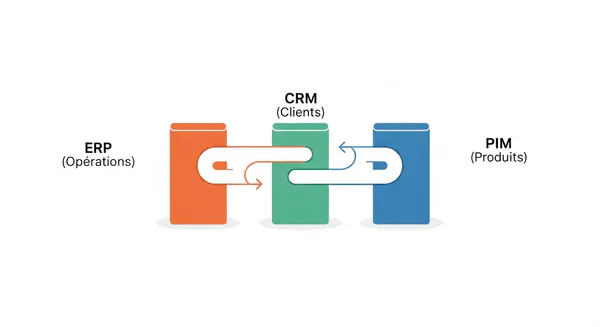 Diagramme d'intégration ERP, CRM et PIM : flux de données unidirectionnel de l'ERP vers le CRM, et flux bidirectionnel entre le CRM et le PIM, illustrant l'écosystème commercial interconnecté